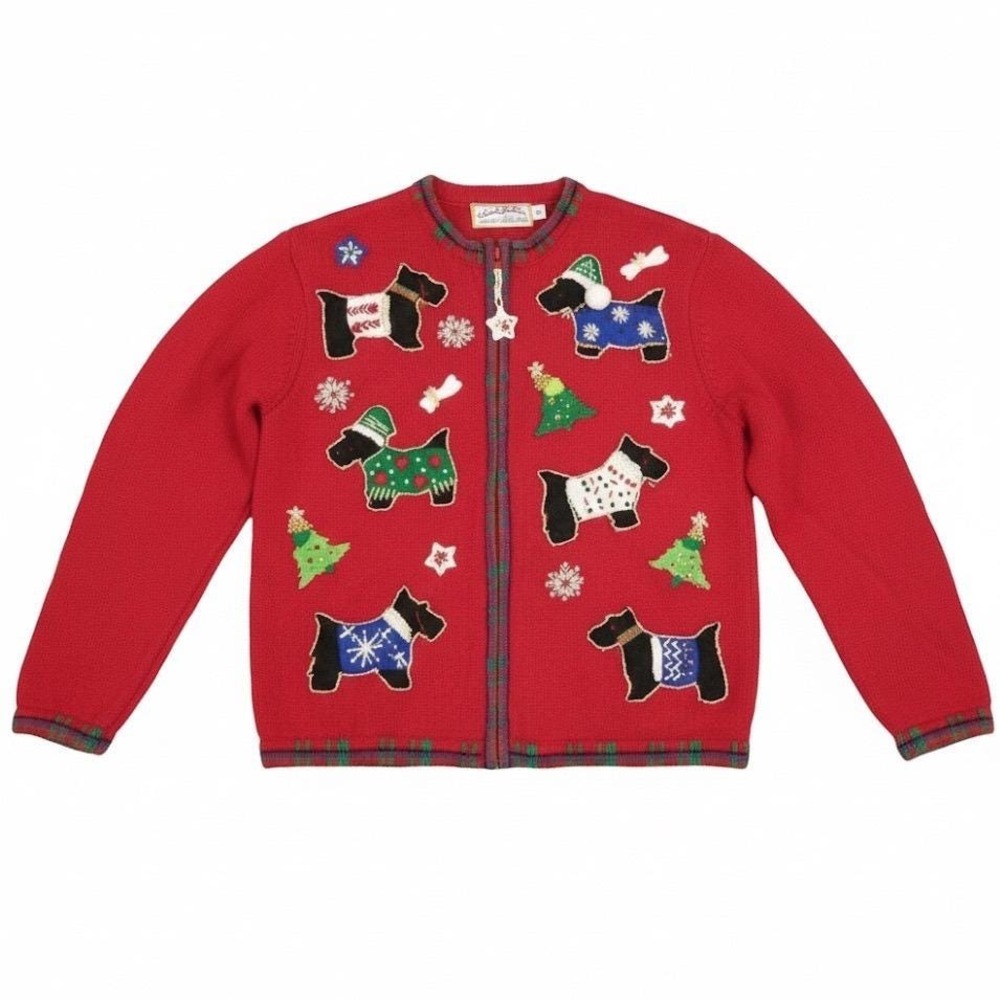 Heirloom‎ Collectibles Vtg Scottie Dog Christmas Sweater Full Zip Jacket Sz PS
